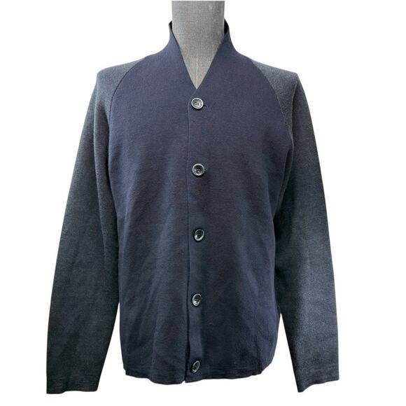 Emporio Armani Cardigan Sweater Men XL Raglan Shawl 2 Tone Navy Gray Wool Blend - Picture 1 of 11